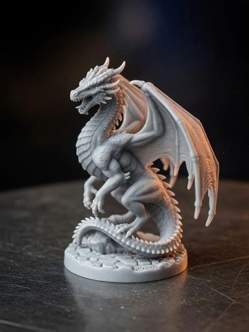 Miniatura de dragão em resina cinza com base de pedras