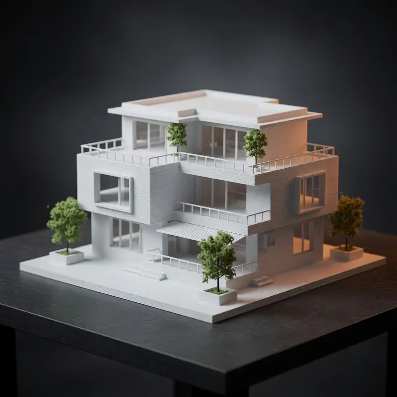 Maquete branca de uma casa moderna de dois andares com árvores
