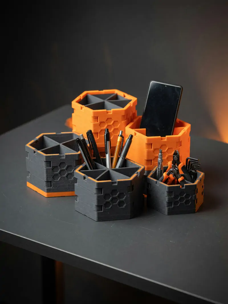 Organizador de mesa modular hexagonal com canetas e ferramentas
