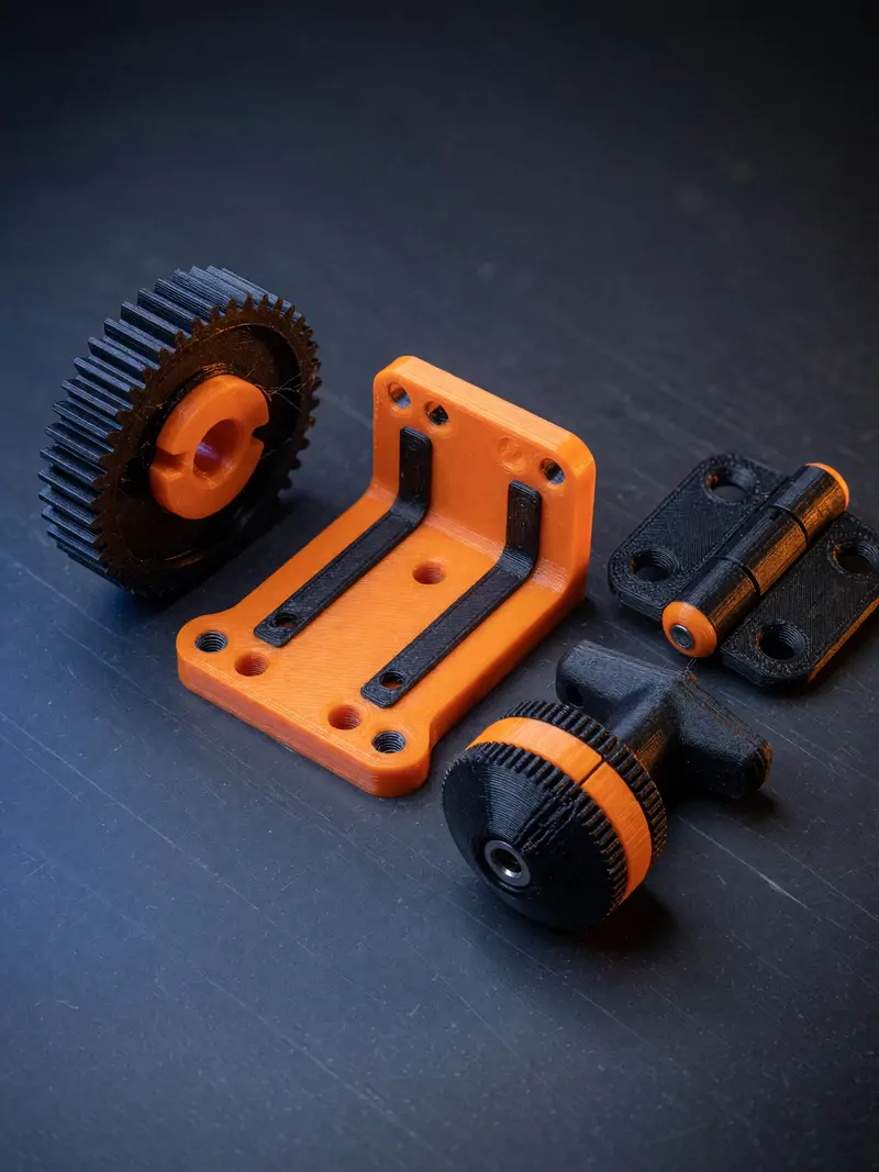 Engrenagem preta, suporte laranja, dobradiça e manípulo impressos em 3D