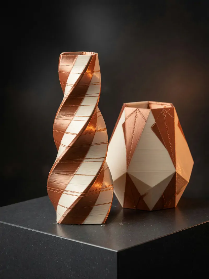 Vaso espiral cobre e branco e vaso facetado impressos em 3D