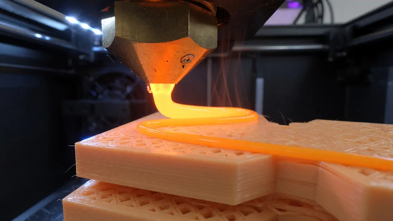 Bico de impressora 3D depositando filamento laranja sobre as camadas de uma peça