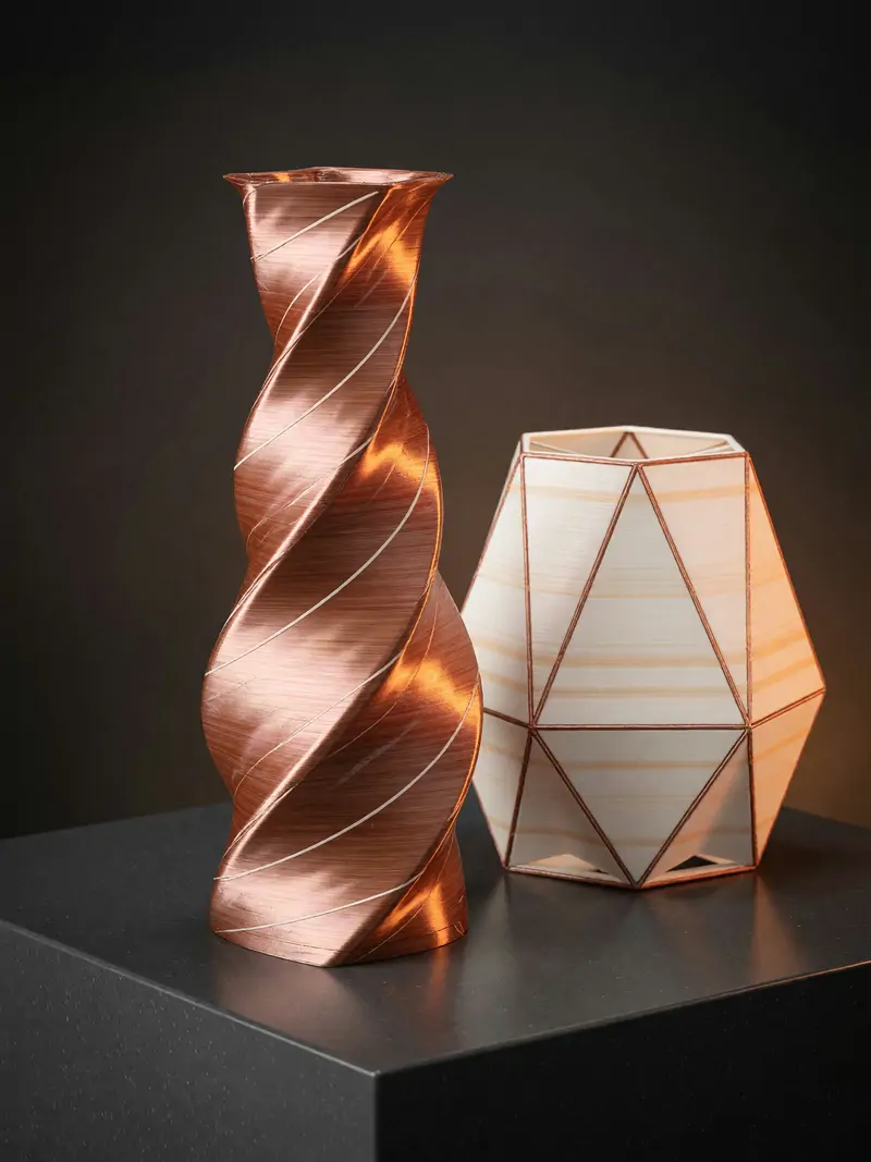 Vaso espiral cobre e luminária geométrica impressos em 3D