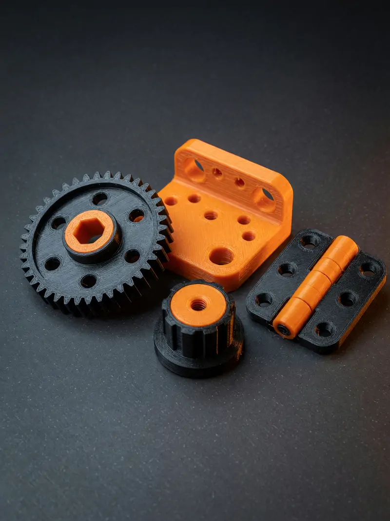 Engrenagem, suporte, dobradiça e manípulo impressos em 3D em preto e laranja